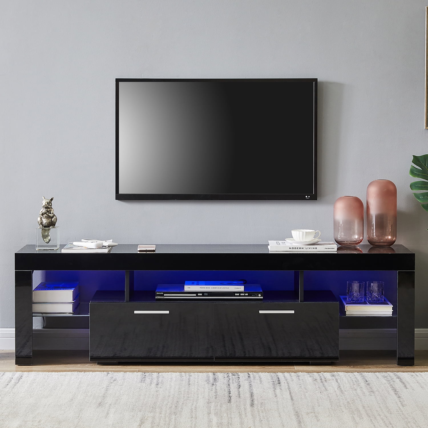Tzicr Modern LED TV Stand for 75Inch TVs, Black Solid Wood TV