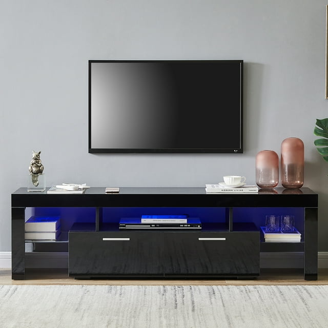 Tzicr Modern LED TV Stand for 75Inch TVs, Black Solid Wood TV