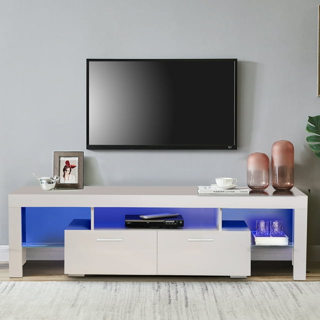 Tzicr Modern LED TV Stand for 75Inch TVs, White Solid Wood TV
