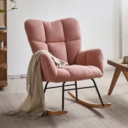 Tzicr Nursery Rocking Chair, Teddy Fabric Upholstered Glider Rocker with High Backrest for Nursery, Living Room, Bedroom (Pink)