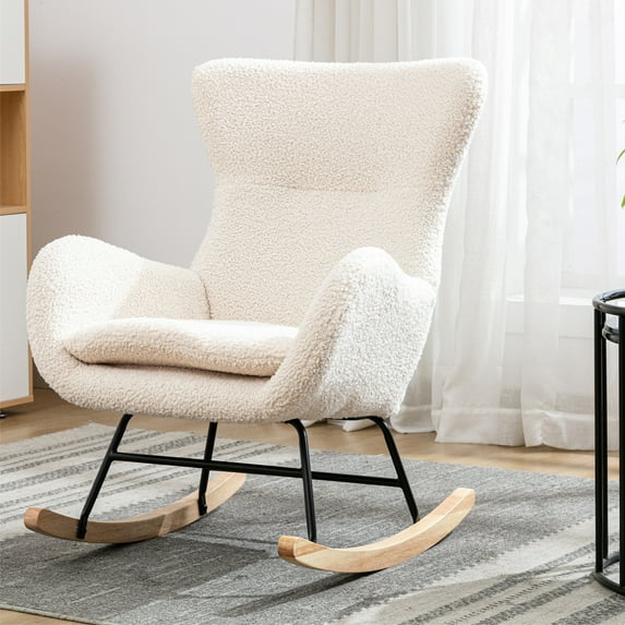 Tzicr Small Rocking Accent Chair with High Backrest and Armrests, Teddy Velvet Upholstered Baby Rocking Chair for Baby Nursery,Living Room,Bedroom (Beige)