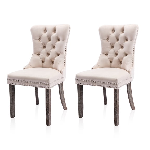 Tzicr Tufted Dining Chairs Set of 2, Upholstered Dining Chairs with Nailhead Back,Nailhead Trim, Velvet Dining Chairs for Kitchen/Bedroom/Dining Room(Beige)