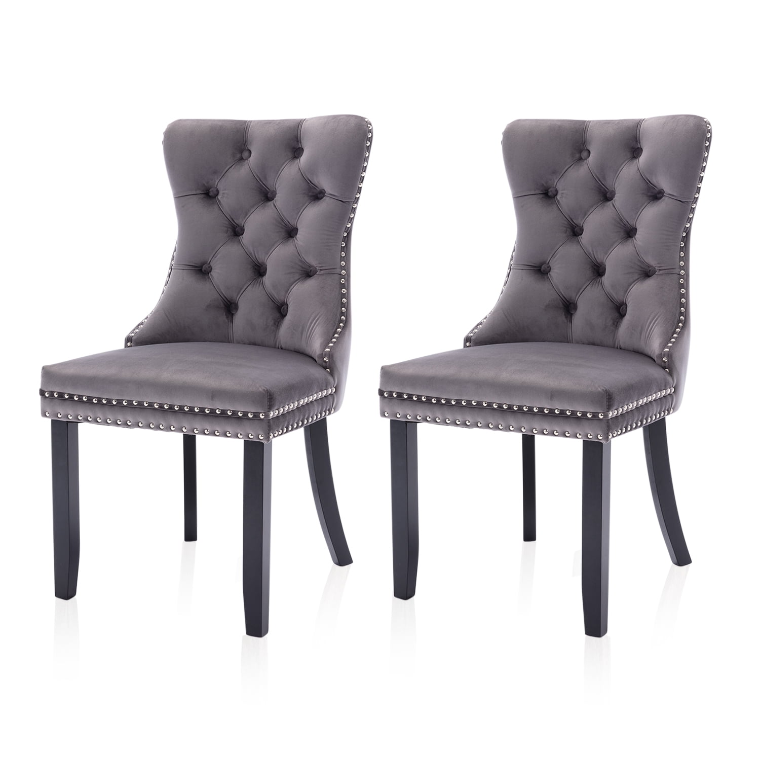 Gray Velvet Upholstered High Back Side Chair with Wood Legs