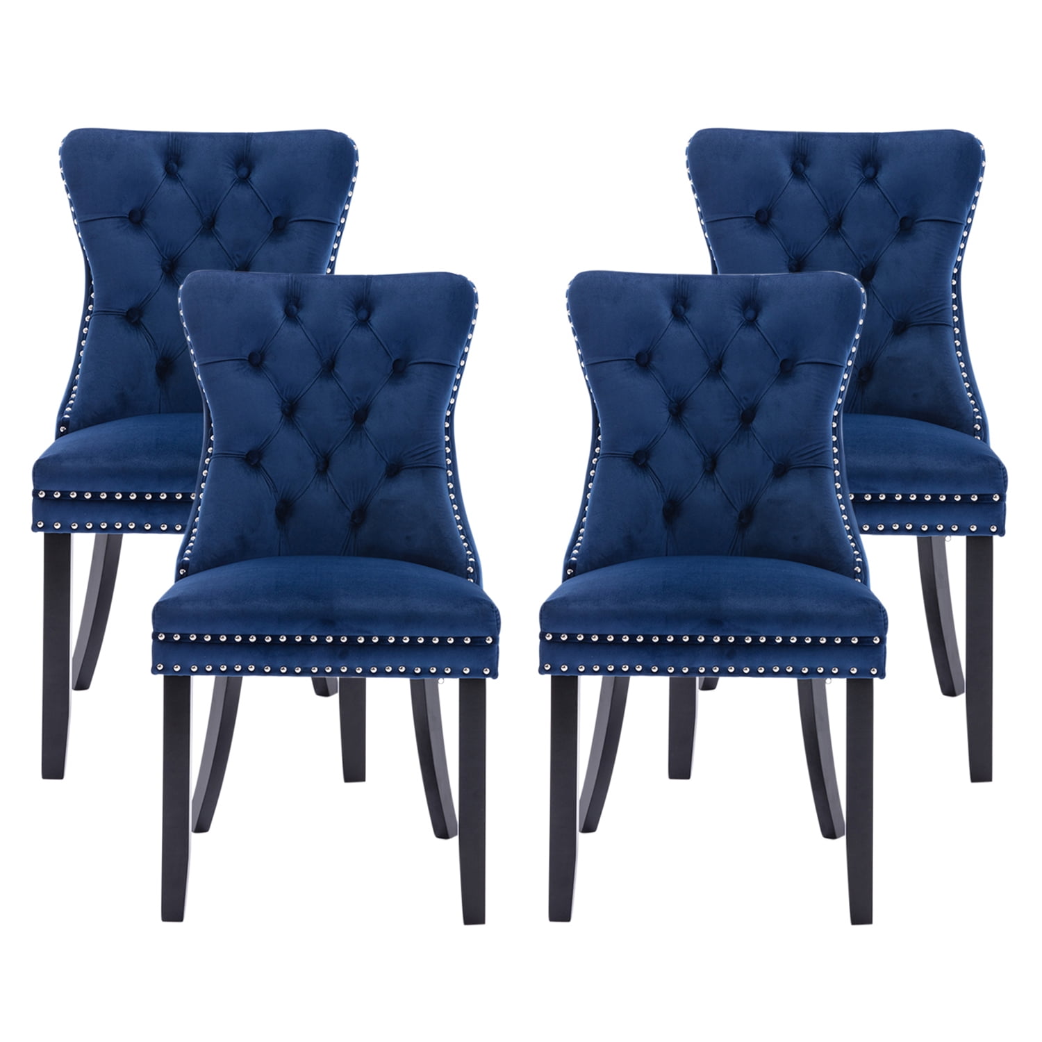 Set of 4 Blue Velvet Tufted Dining Chairs with Nailhead Trim