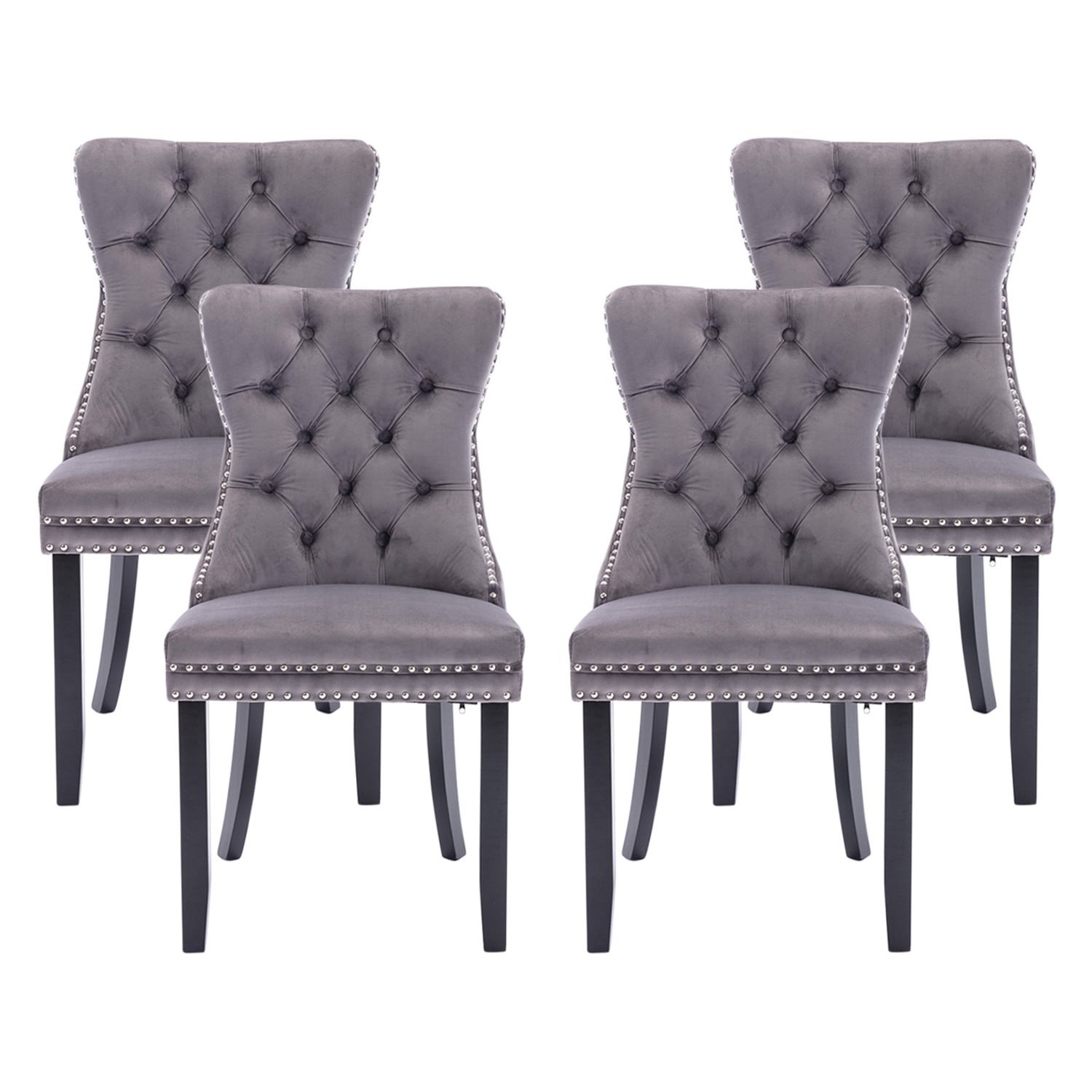 Set of 4 Gray Velvet Upholstered Parsons Dining Chairs with Black Wood Legs