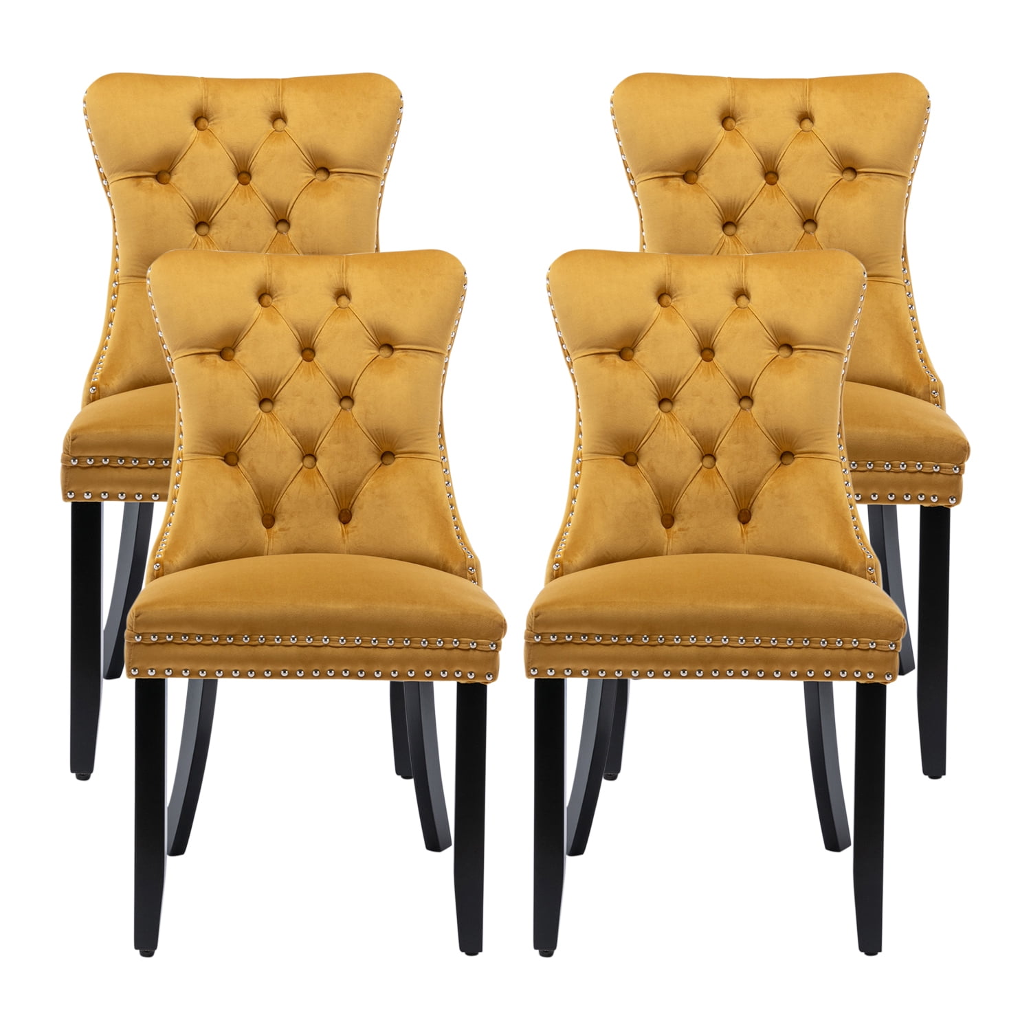 Gold Velvet Upholstered Side Chair with Black Wood Legs, Set of 4