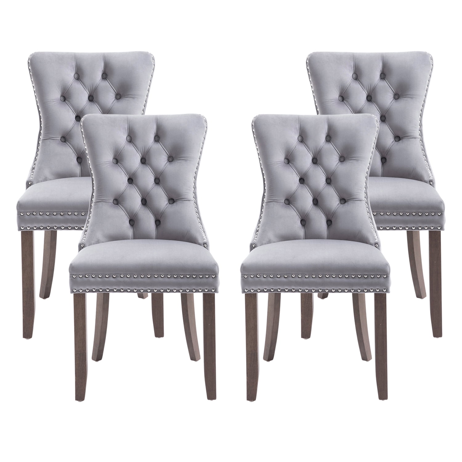 Set of 4 Gray Velvet Upholstered Parsons Dining Chairs with Black Wood Legs