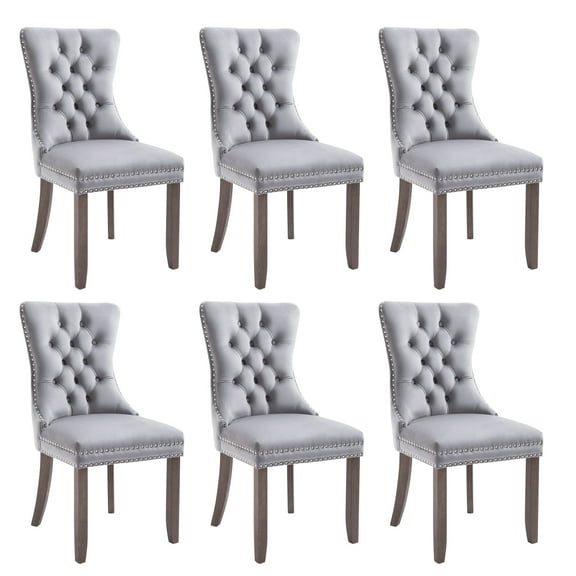 Tzicr Tufted Dining Chairs Set of 6, Upholstered Dining Chairs with Nailhead Back, Nailhead Trim, Velvet Dining Chairs for Kitchen/Bedroom/Dining Room(Grey)