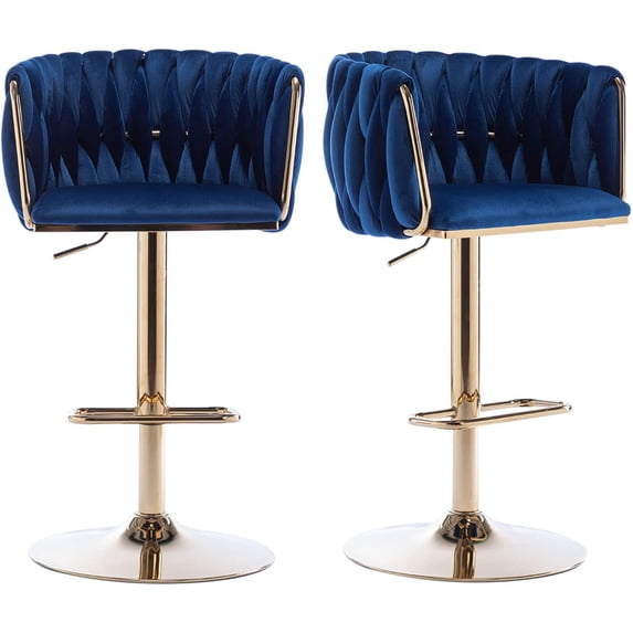 Tzicr Velvet Bar Stools Set of 2, Luxury Upholstered Bar Chairs with Woven Back & Footrest, Adjustable Counter Height Bar Chairs for Cafe, Pub, Bar Counter (Blue)
