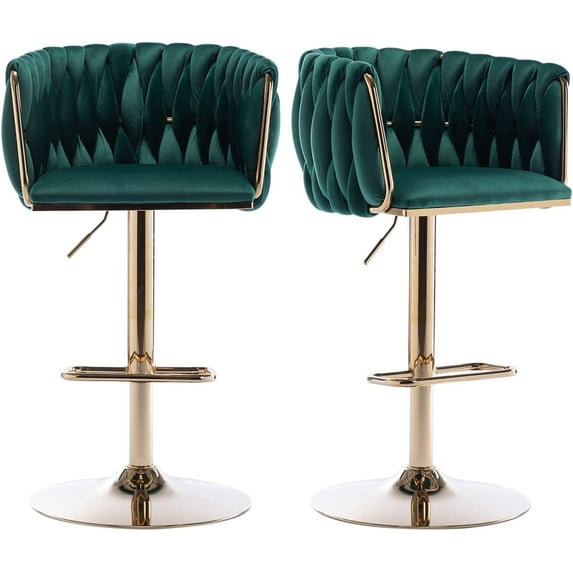 Tzicr Velvet Bar Stools Set of 2, Luxury Upholstered Bar Chairs with Woven Back & Footrest, Adjustable Counter Height Bar Chairs for Cafe, Pub, Bar Counter (Green)