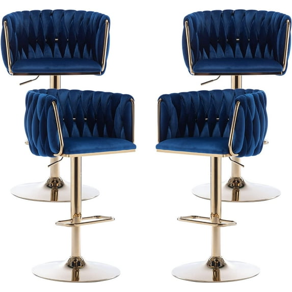 Tzicr Velvet Bar Stools Set of 4, Luxury Upholstered Bar Chairs with Woven Back & Footrest, Adjustable Counter Height Bar Chairs for Cafe, Pub, Bar Counter (Blue)
