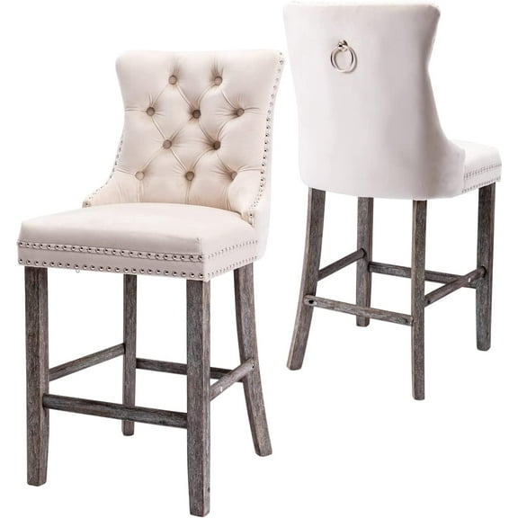 Tzicr Velvet Counter Height Bar Stools Set of 2, 27" Counter Height Bar Chairs with Button Decor, Nailhead Trim, Solid Wooden Legs, Upholstered Bar Stools for Kitchen, Cafe, Pub (BEIGE)
