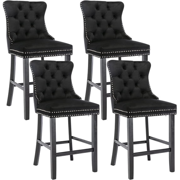 Tzicr Velvet Counter Height Bar Stools Set of 4, 27" Counter Height Bar Chairs with Button Decor, Nailhead Trim, Solid Wooden Legs, Upholstered Bar Stools for Kitchen, Cafe, Pub (Black)