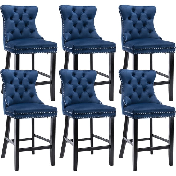 Tzicr Velvet Counter Height Bar Stools Set of 6, 27" Counter Height Bar Chairs with Button Decor, Nailhead Trim, Solid Wooden Legs, Upholstered Bar Stools for Kitchen, Cafe, Pub (BLUE)