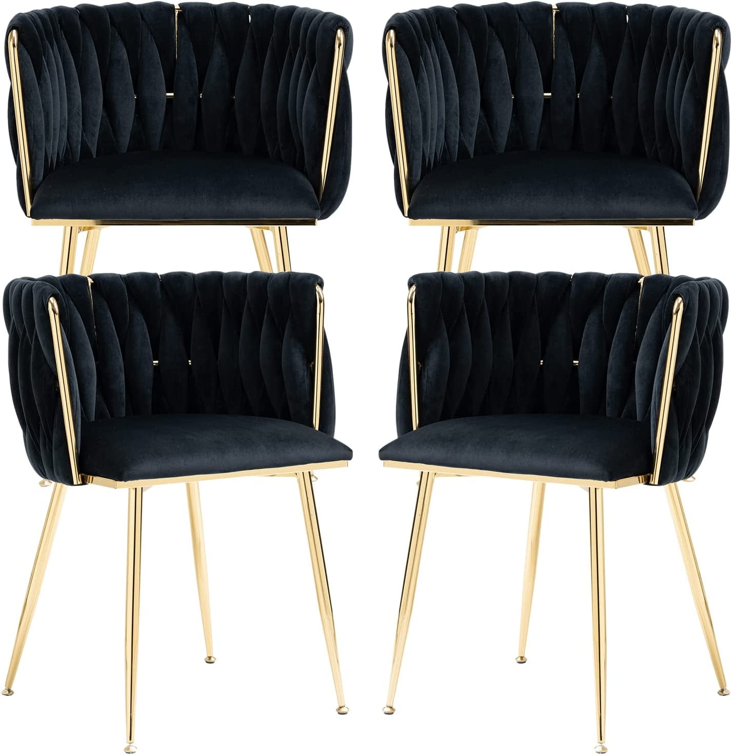 Tzicr Velvet Dining Chairs Set of 4, Modern Woven Upholstered Dining Chairs with Gold Metal Legs,Luxury Tufted Dining Chairs for Living Room, Bedroom, Kitchen (Black)