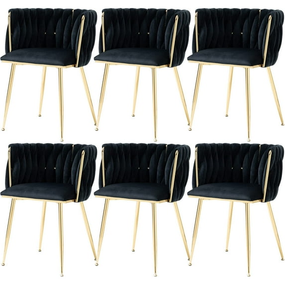 Tzicr Velvet Dining Chairs Set of 6, Modern Woven Upholstered Dining Chairs with Gold Metal Legs,Luxury Tufted Dining Chairs for Living Room, Bedroom, Kitchen (Black)
