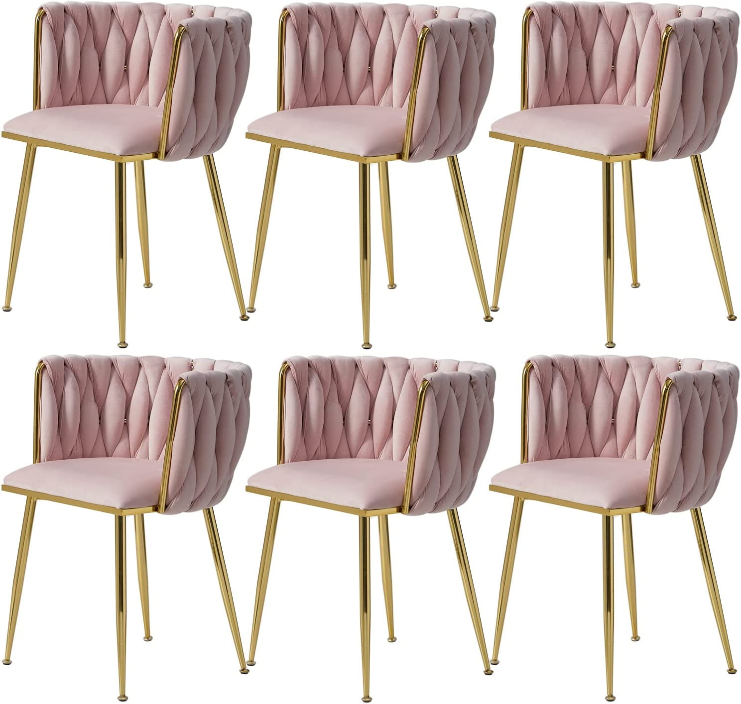 Tzicr Velvet Dining Chairs Set of 6, Modern Woven Upholstered Dining Chairs with Gold Metal Legs,Luxury Tufted Dining Chairs for Living Room, Bedroom, Kitchen (Pink)