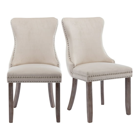 Tzicr set of 2 Velvet Dining Chairs, Upholstered Wing-back Dining Chairs with Nailhead Trim and Solid Wood Legs for Kitchen/Bedroom/Dining Room (Beige).