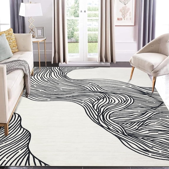 Tzou 10x13 Large Area Rugs for Living Room, Nonslip Contemporary Geometric Minimalist Striped Carpet, Black/Beige