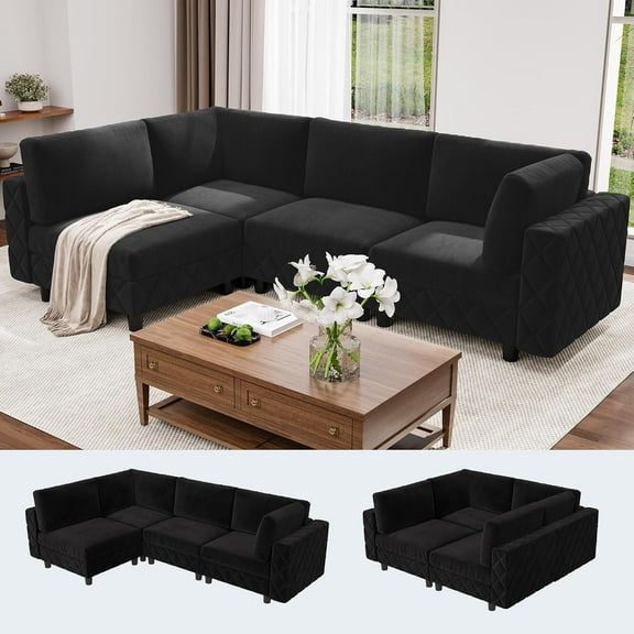 Tzou 134" L-Shaped Modular Sectional Sofa - 4-Seat Cloud Couch with Ottoman, High-Density Sponge Cushions & Velvet Upholstery, No-Assembly Required, Modern Apartment Living Room Sofa