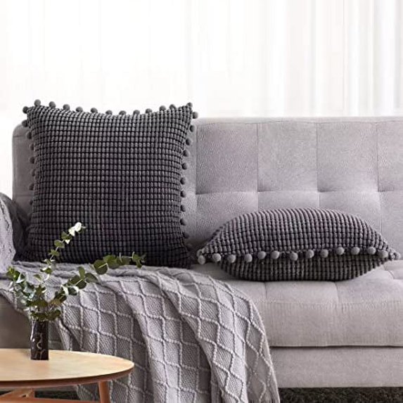 Tzou 2 Pack Throw Pillow Covers with Pom-poms, Soft Square/Rectangular Cushion Case Set for Couch Sofa Bedroom Home Office