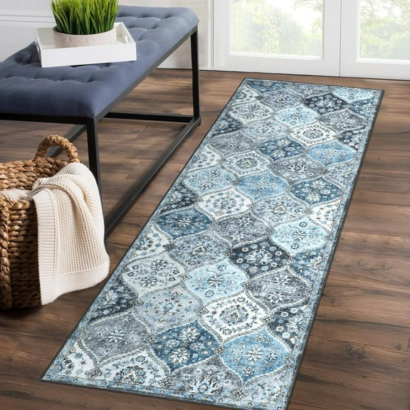 Tzou 2' x 6' Moroccan Trellis Runner Rugs, Soft Washable Accent Carpet with Non-Slip Backing for Bathroom Hallway Kitchen Entryway(Navy)