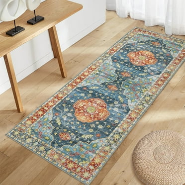 Tzou 2'x6' Persian Rug Runner Soft Doormat for Kitchen Anti-Slip Washable Floor Carpet for Living Room Bathroom, Teal/Navy
