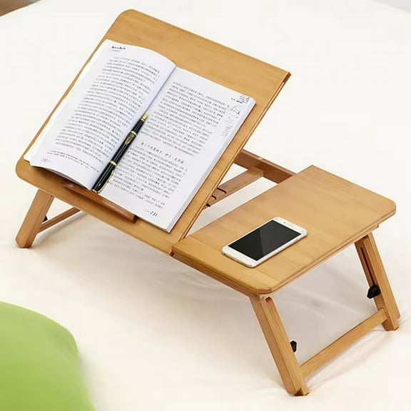 Tzou 20"x12" Bamboo Laptop Bed Desk - Adjustable Height & Angle Lap Tray w/Drawer, Foldable Sofa Table for Working, Eating, Reading (Fits 17" Laptops)