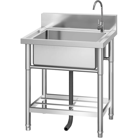 Tzou 24x20 Inch Stainless Steel Utility Sink w/Faucet, Storage Shelf & Adjustable Legs for Kitchen, Laundry Room