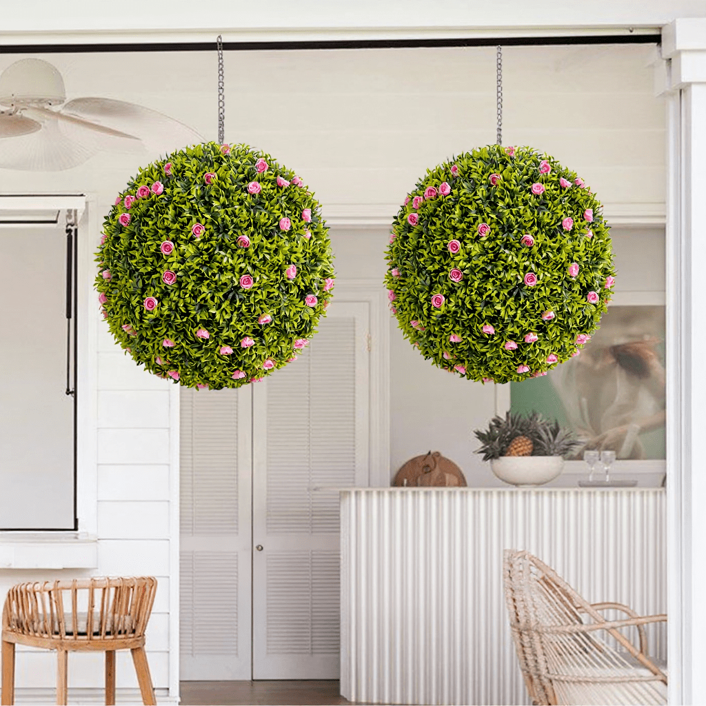 Tzou 2Pcs Artificial Boxwood Topiary Ball with Flowers, 20.5" Faux Hanging Greenery Ball for Outdoor Planters, Porch, Balcony, Home Decor