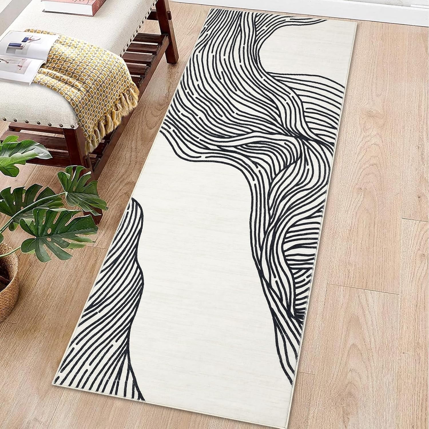 Tzou 2x6 Non-Shedding Washable Runner Rugs for Kitchen, Nonslip Contemporary Striped Carpet for Entryway Living Room, Black/Beige