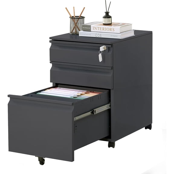 Tzou 3-drawer File Cabinet, Cold Pressed Steel Mobile Filing Cabinet with Lock - Matte Black Storage for A4/Letter/Legal Files, Space-Saving Office Organization