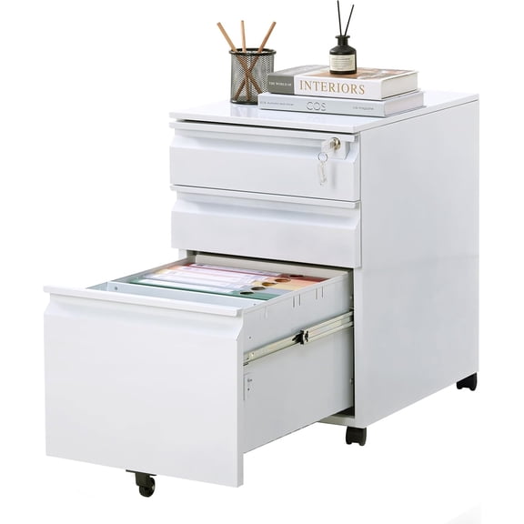 Tzou 3-drawer File Cabinet, Cold Pressed Steel Mobile Filing Cabinet with Lock - Matte Black Storage for A4/Letter/Legal Files, Space-Saving Office Organization