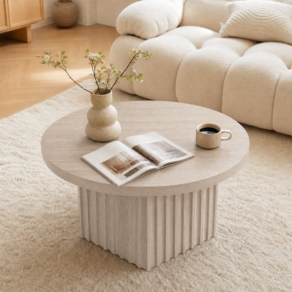 Tzou 31.5" Fluted Round Coffee Table with Storage, Modern Circle Accent Table for Living Room