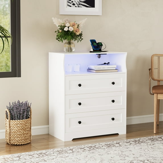 Tzou 31.5"W Wooden Dresser with Charging Station & LED Lights - 3-Drawer Modern Chest for Bedroom(White)