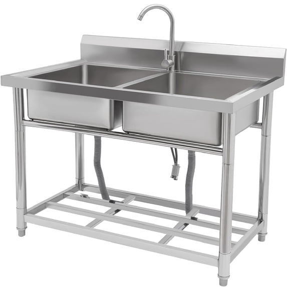 Tzou 42x25 Inch Stainless Steel Utility Sink w/Faucet, Storage Shelf & Adjustable Legs for Kitchen, Laundry Room