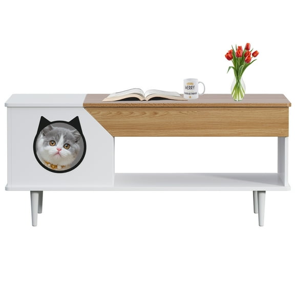 Tzou 45" Cat Litter Box Enclosure Furniture - Hidden Kitty Litter Box Cabinet with Storage Drawer, Cat Door & Waterproof Top - Disguised as Living Room Coffee Table