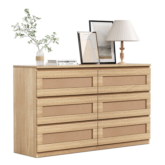 Tzou 47" Modern Farmhouse Dresser w/6 Rattan Drawers - 220lb Capacity Wide Chest for Bedroom, Living Room, Entryway(Brown)