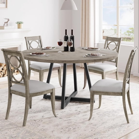 Tzou 47" Round Farmhouse Dining Table for 4-6 - Rustic Brown Wooden Kitchen Table w/300lb Capacity, Adjustable Anti-Slip Legs, MDF Top
