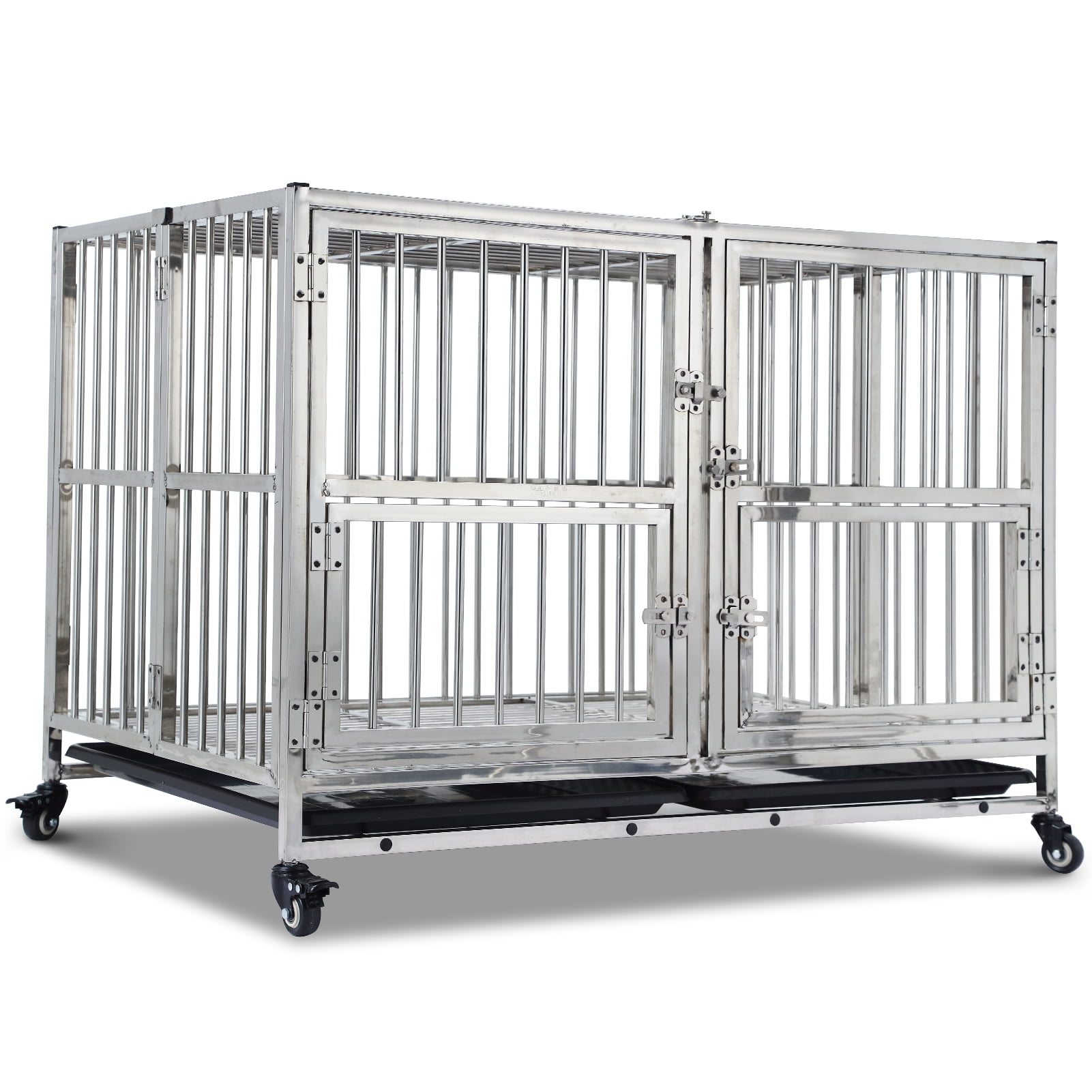 Tzou 48" Stainless Steel Dog Crate Cage Kennel with Wheels, Sturdy