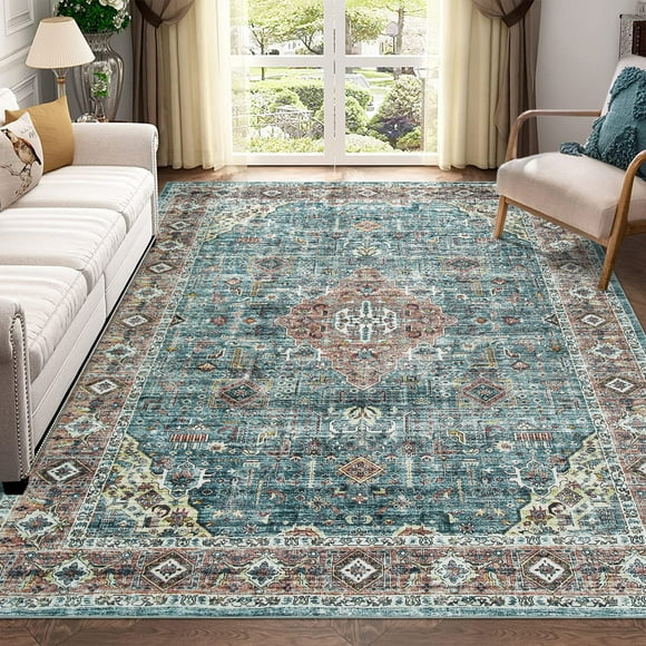 Tzou 4x6 Vintage Area Rugs for Living Room Bedroom, Anti-Slip Medallion Pattern Home Decor Carpet, Machine Washable, Breen