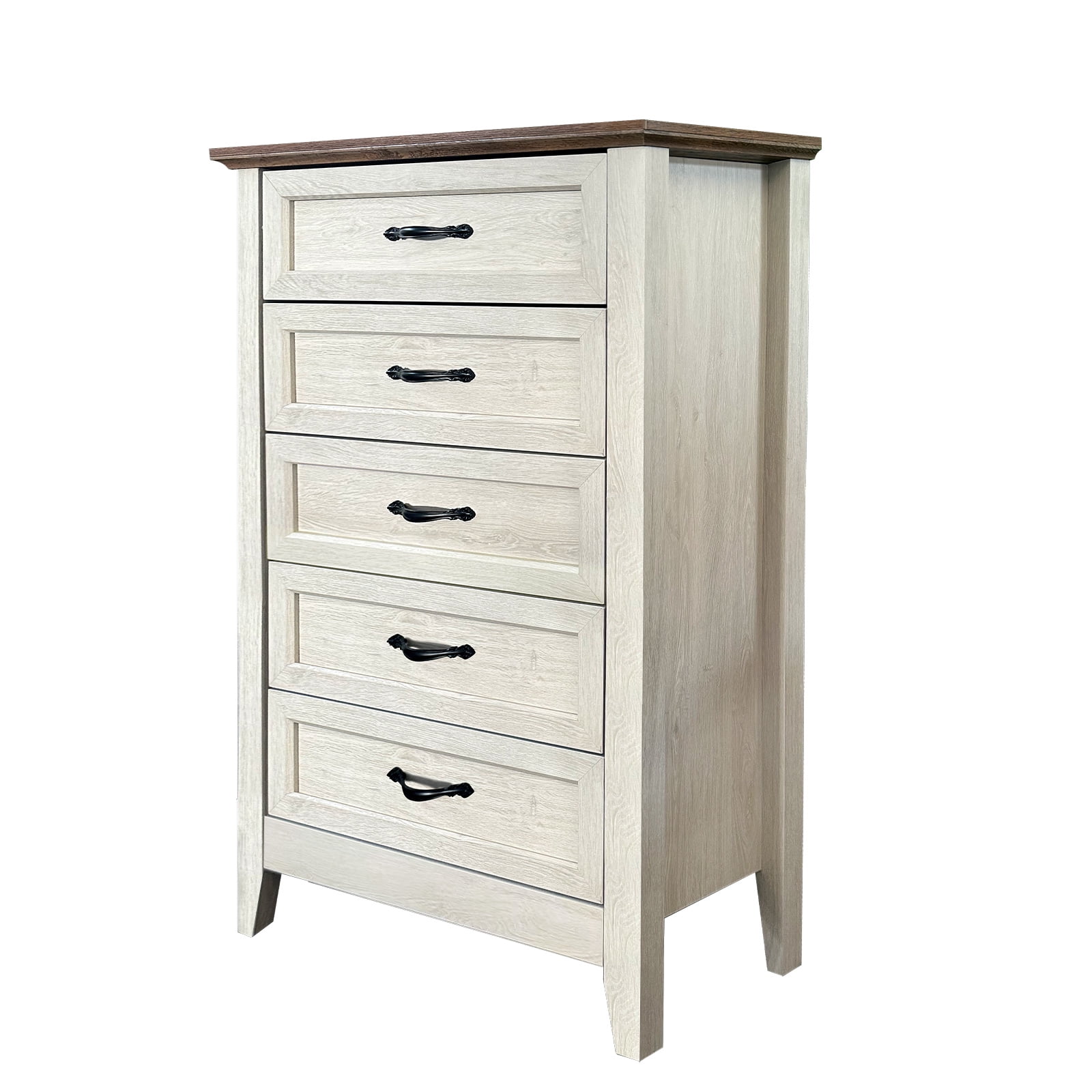 Tzou 5 Drawer Dresser, Farmhouse Tall Dresser for Closet, Rustic Chest of Drawer with Wide Metal Handles, Wood Dressers Organizer for Bedroom, Living Room, Hallway