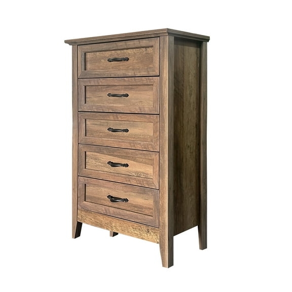 Tzou 5 Drawer Dresser, Farmhouse Tall Dresser for Closet, Rustic Chest of Drawer with Wide Metal Handles, Wood Dressers Organizer for Bedroom, Living Room, Hallway