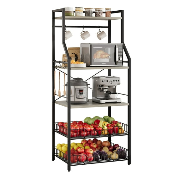Tzou 5-Tier Freestanding Kitchen Bakers Rack - 57.4" Industrial Microwave Stand w/ Wire Baskets, Adjustable Feet & Anti-Tip, Coffee Bar Station for Small Spaces