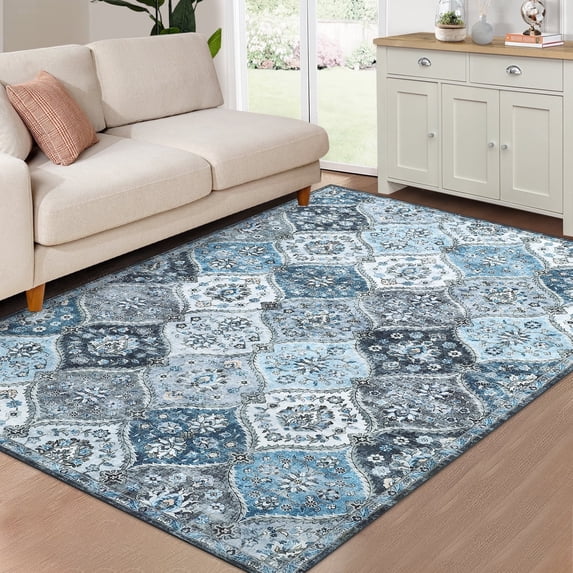Tzou 5' x 7' Moroccan Trellis Area Rugs, Soft Washable Accent Carpet with Non-Slip Backing for Living Room Bedroom(Navy)