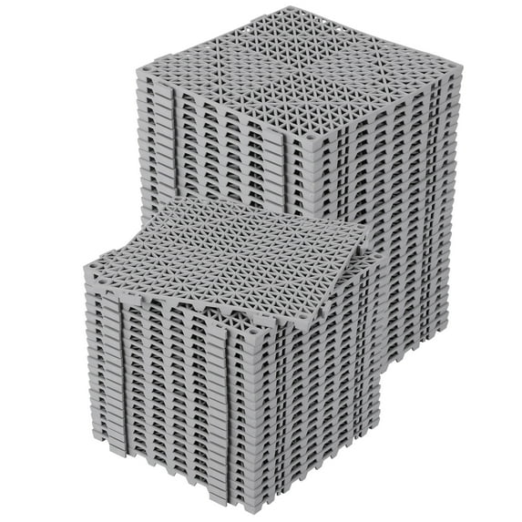Tzou 50-Pack 12"x12" Interlocking Drainage Tiles - Non-Slip PVC Floor Mats w/Holes for Pool Decks, Bathrooms, Kitchens | Modular Splicing Design, Fast-Draining (Grey/Black)