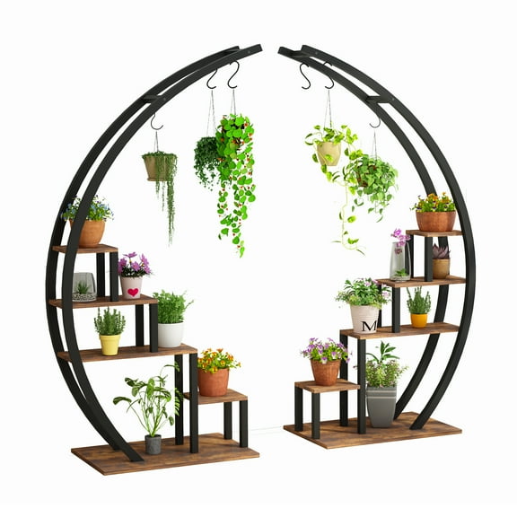 Tzou 56" Heavy Duty Metal Plant Stand Indoor Outdoor - 5-Tier Corner Shelf w/ Hanging Hooks, Rust-Proof Flower Display Rack for Multiple Pots, Garden, Balcony, Living Room