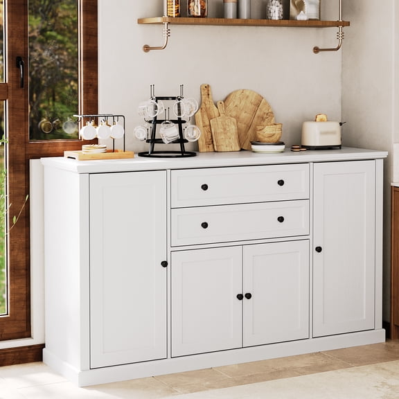 Tzou 58" Farmhouse Buffet Sideboard, 4 Grooved Barn Doors & 2 Drawers, Adjustable Shelving, Heavy-Duty Coffee Bar Cabinet for Kitchen, Dining Room, Entryway