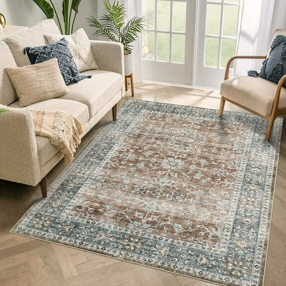 Tzou 5x7 Area Rug for Living Room, Washable Non-Slip Vintage Carpet, Low Pile Floral Print Floor Mat for Dining Room Bathroom, Tan
