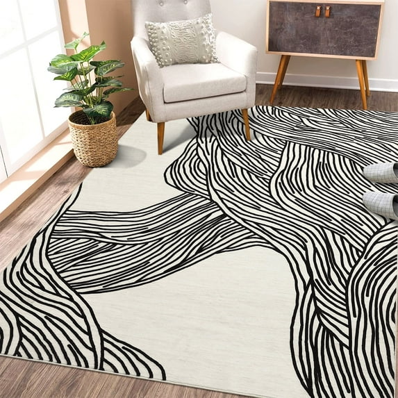 Tzou 5x7 Non-Shedding Washable Area Rugs for Living Room, Nonslip Contemporary Geometric Minimalist Striped Carpet for Dining Room, Black/White
